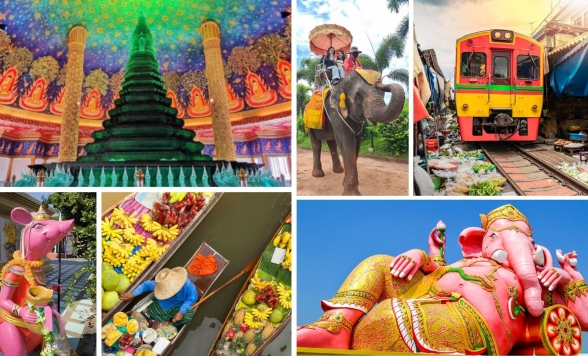 ダムヌンサドゥアック水上マーケット 手漕ぎボート乗船付き + メークロン線路市場で列車乗車+ ピンクの巨大ガネーシャ + ワット・パクナム +ジョッドフェアーズ ラチャダーナイトマーケット