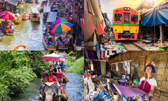 人気2大市場 ダムヌンサドゥアック水上マーケット＆メークロン線路市場（選べる象乗りor首長族訪問）＜週3日運行＞