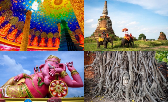 ＼春旅 特別価格／ 世界遺産アユタヤ+象乗り+フォトジェニックツアー  ピンクガネーシャ(ワットサマーン)+ワットパクナム＜日本語ガイド/1日/ランチなし or ランチ付きプランあり＞