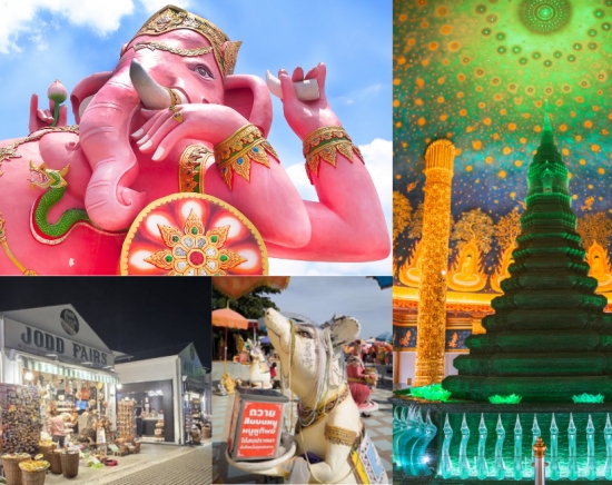 ＼春旅 特別価格／ ピンクガネーシャ(ワット・サマーンラッタナーラーム)＆ワット・パクナム 往復シャトルバス ＜日本語ガイドなし/午後発/ナイトマーケット解散＞