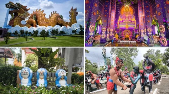 アユタヤの紫のお寺「ワット・クラーンクロン」+スパンブリー巡り（ドラ○もん寺、地獄寺）＜週末限定 / 日本語ガイド/1日/ミシュランビブグルマン獲得！ローカル食堂のボートヌードル付＞