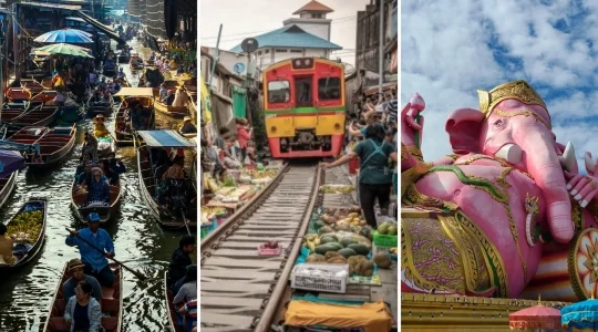 ダムヌンサドゥアック水上マーケット 手漕ぎボート乗船付き + メークロン線路市場で列車乗車ツアー + ピンクの巨大ガネーシャ ワット・サマーン