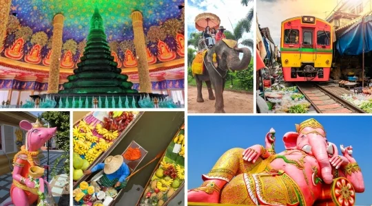 ダムヌンサドゥアック水上マーケット 手漕ぎボート乗船付き + メークロン線路市場で列車乗車+ ピンクの巨大ガネーシャ + ワット・パクナム +ジョッドフェアーズ ラチャダーナイトマーケット