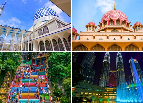 【クアラルンプール】夜まで満喫！欲張り1日観光 ピンクモスク＆ブルーモスク＋バツー洞窟＋イスラム美術館 ＜ツインタワーライトアップ＆噴水ショー鑑賞／日本語ガイド／セントラルマーケット自由散策＞