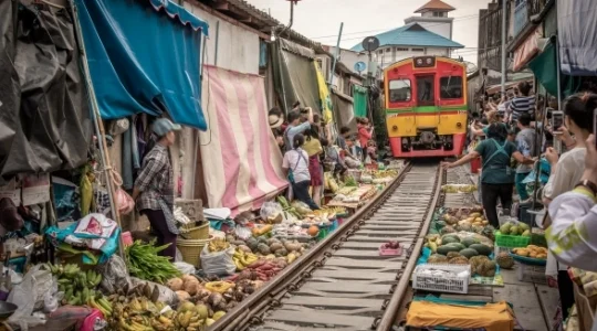 ホタル観賞ナイトクルーズ付き！メークロン線路市場散策 & アンパワー水上マーケット散策